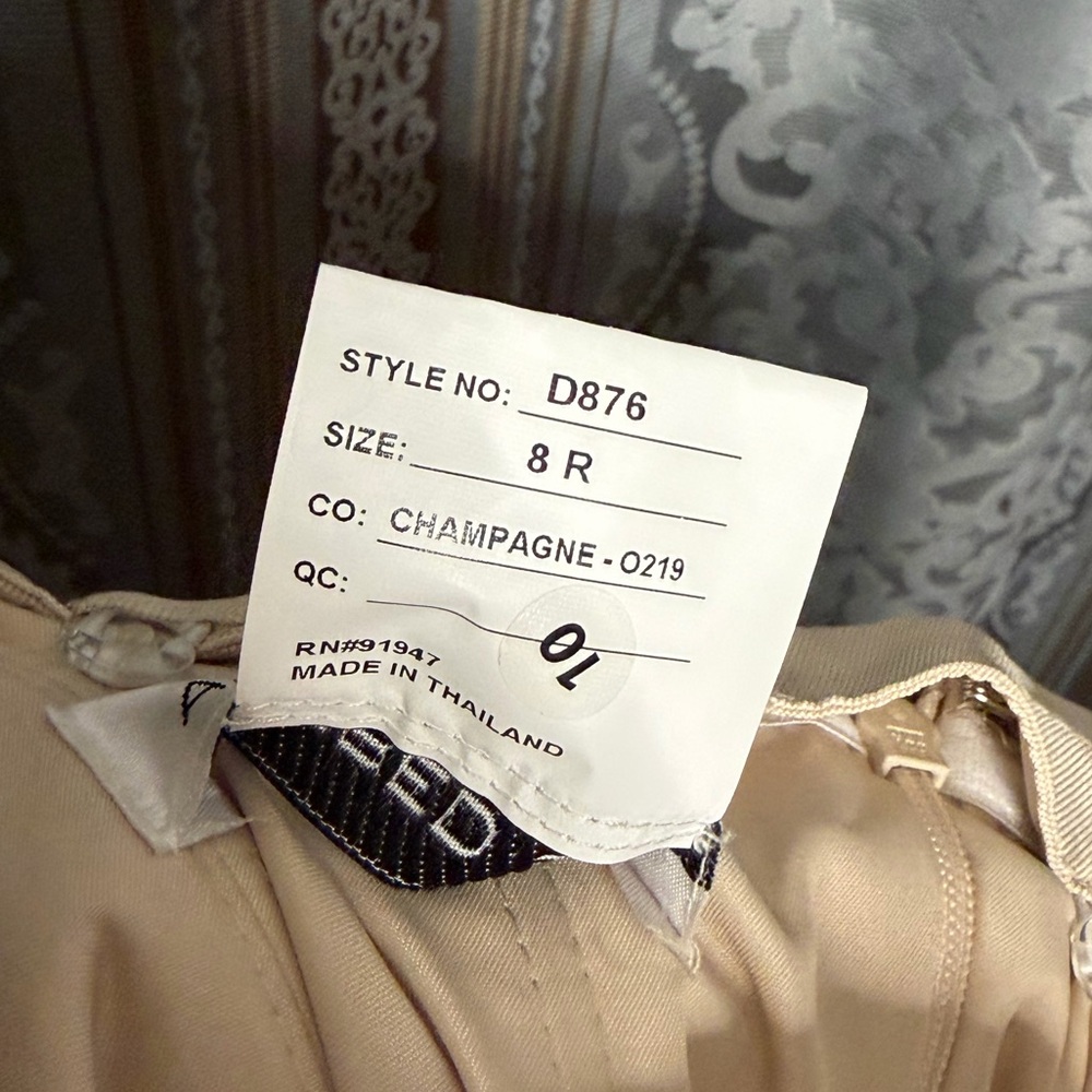 Alfred Sung Strapless Satin Twill Column Gown with Removable Train Champagne - Picture 8 of 8